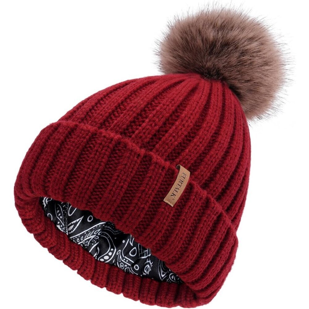 Women's Wine Red Winter Beanie Hat Satin Lined Faux Fur Pom Pom Beanies Hat